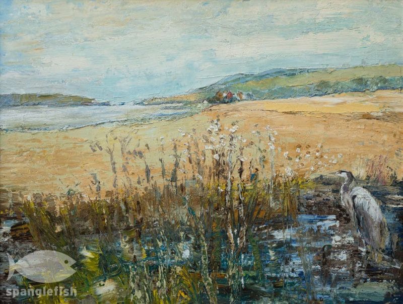 Oil painting of a heron looking across an estuary.